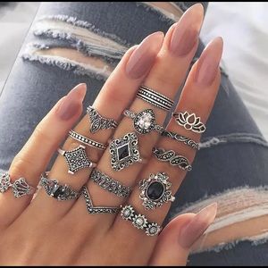 Carved Cubic Zirconia 15 pcs Boho Style Ring Set